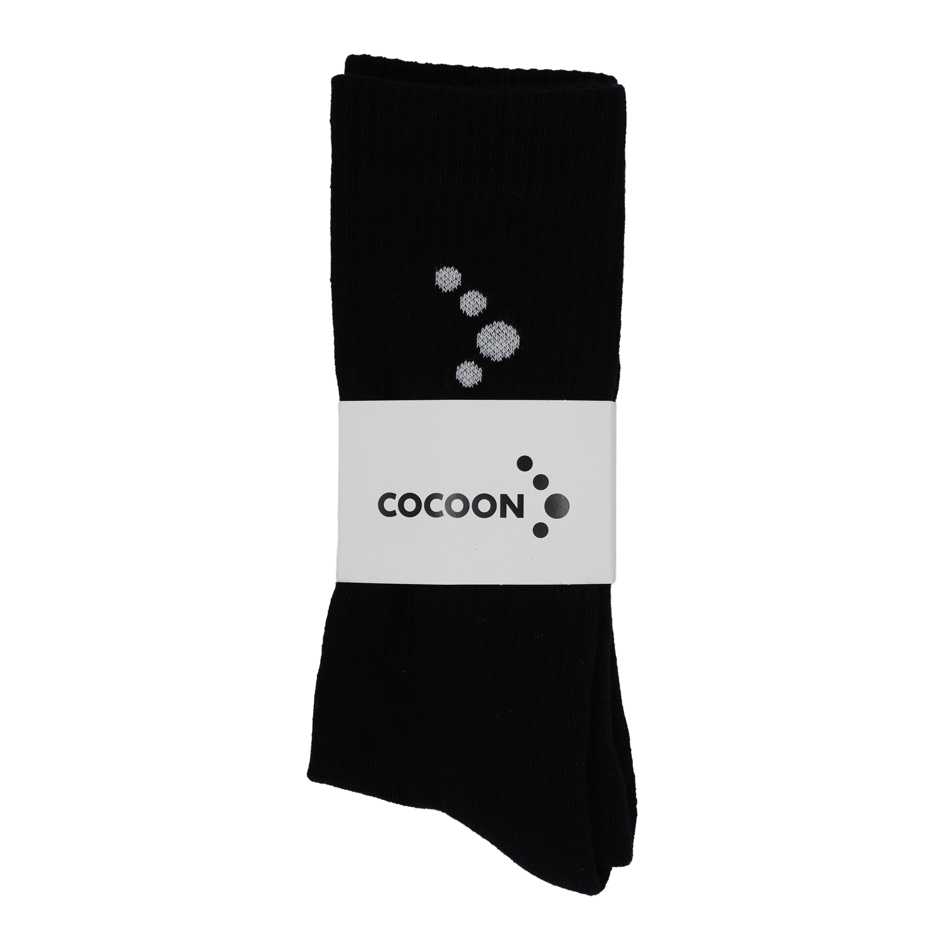 Black socks with a white label featuring the 'Cocoon' brand on a white background
