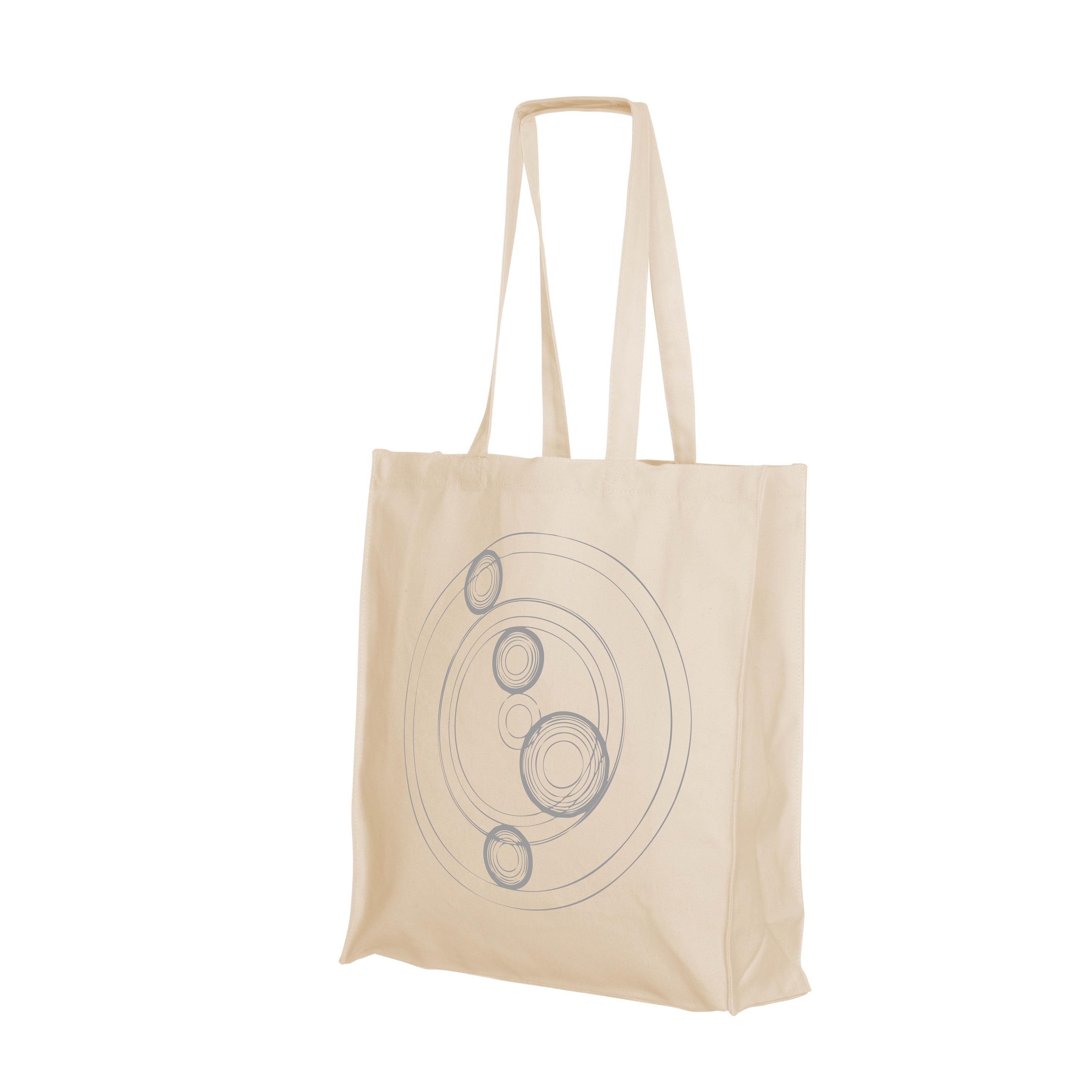 Beige Tote Bag showing the Cocoon Logo with circular shape on a white Background