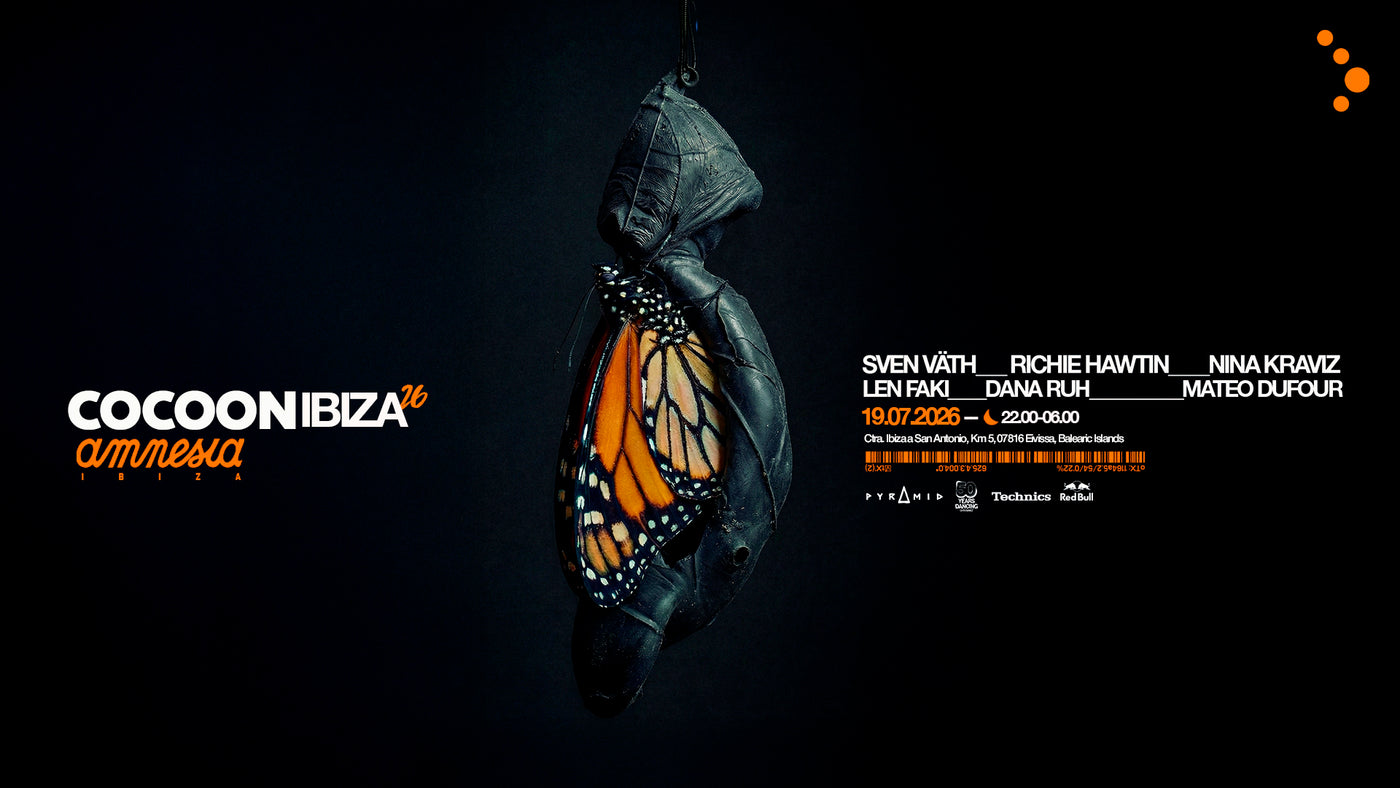 Promotional poster for Cocoon Ibiza featuring a butterfly on a dark background