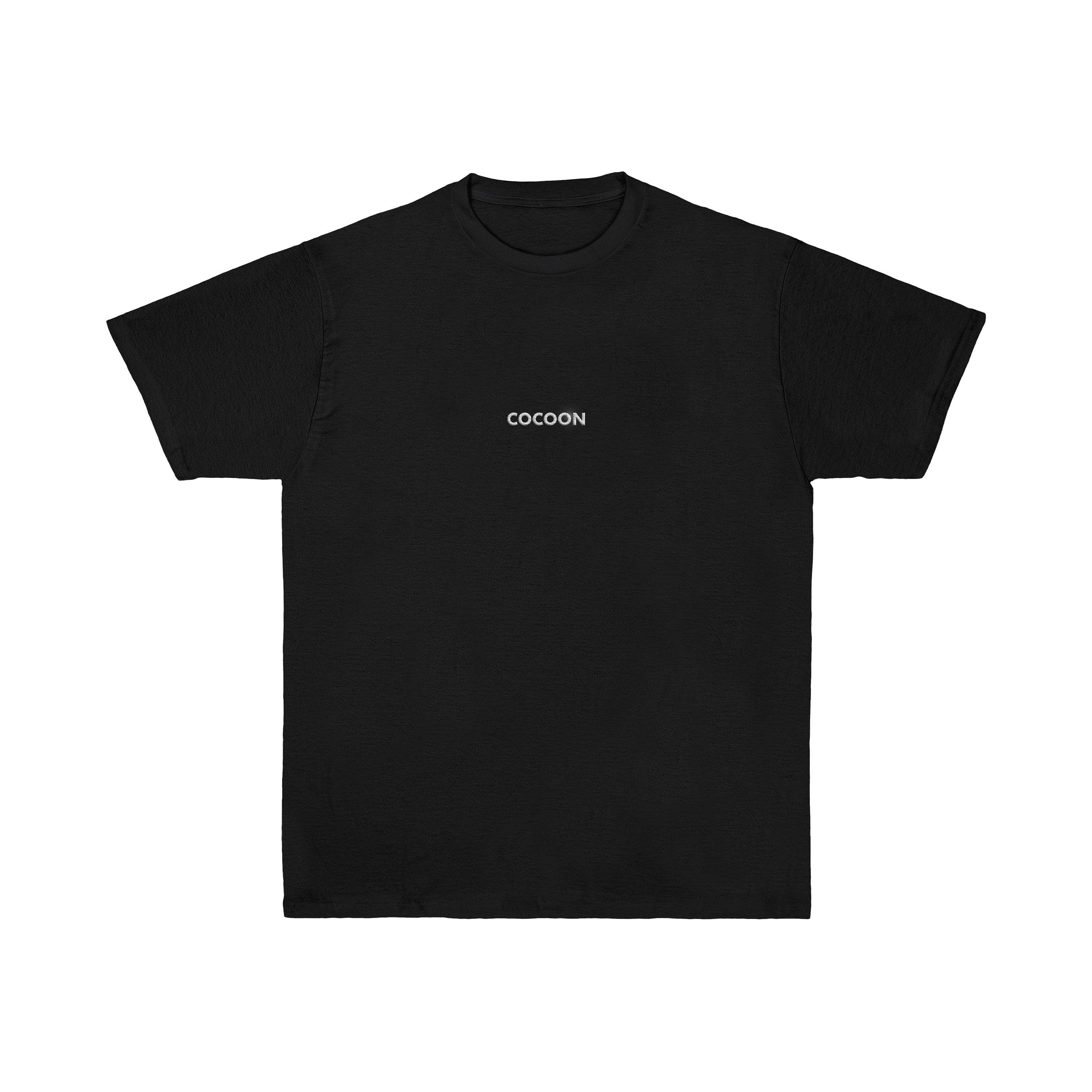 Cocoon Basics T-Shirt in black with silver glitter logo embroidery – front view
