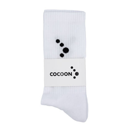White sock with black 'Cocoon' logo on a white background