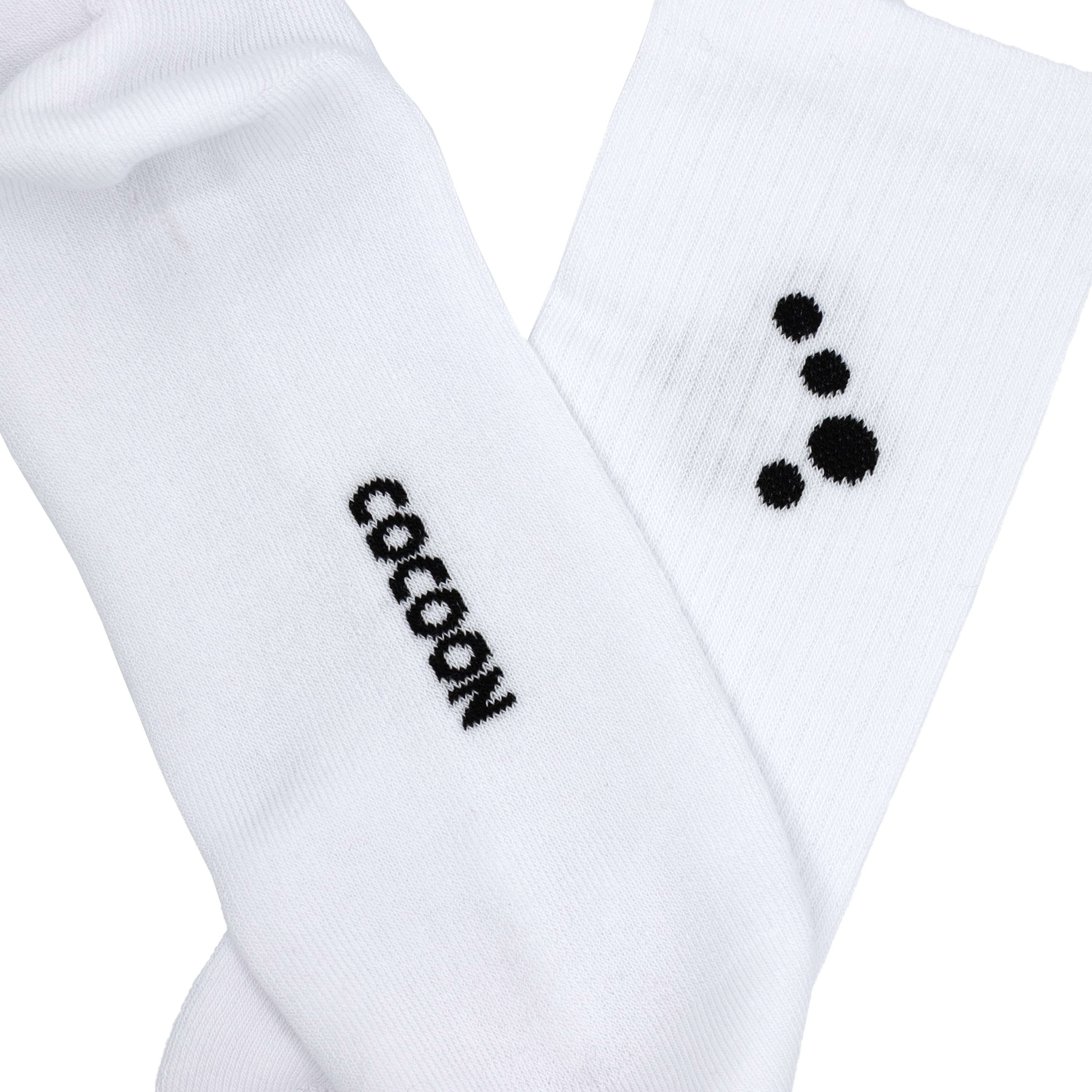 White socks with black text and dots on a white background