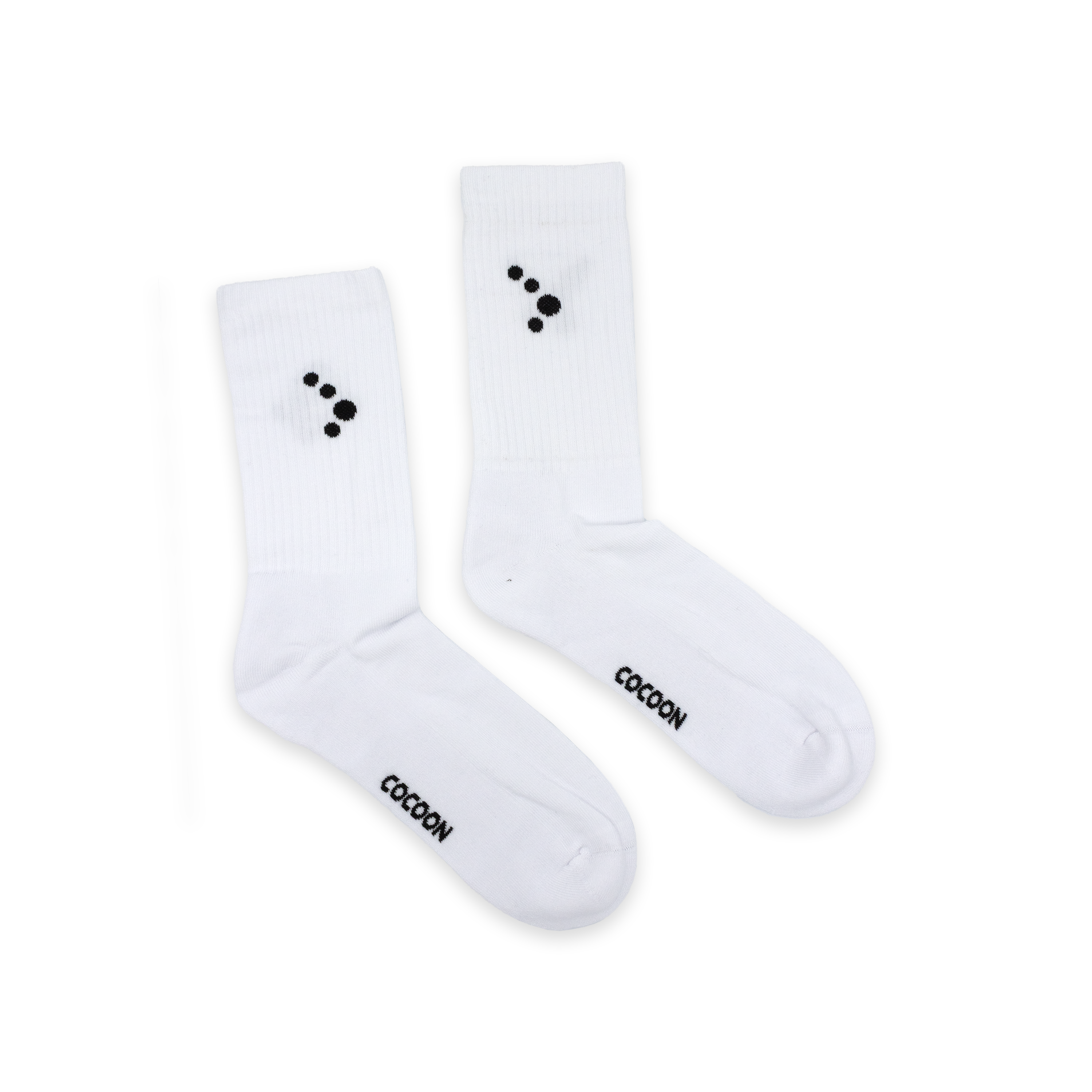 White socks with black branding on a white background