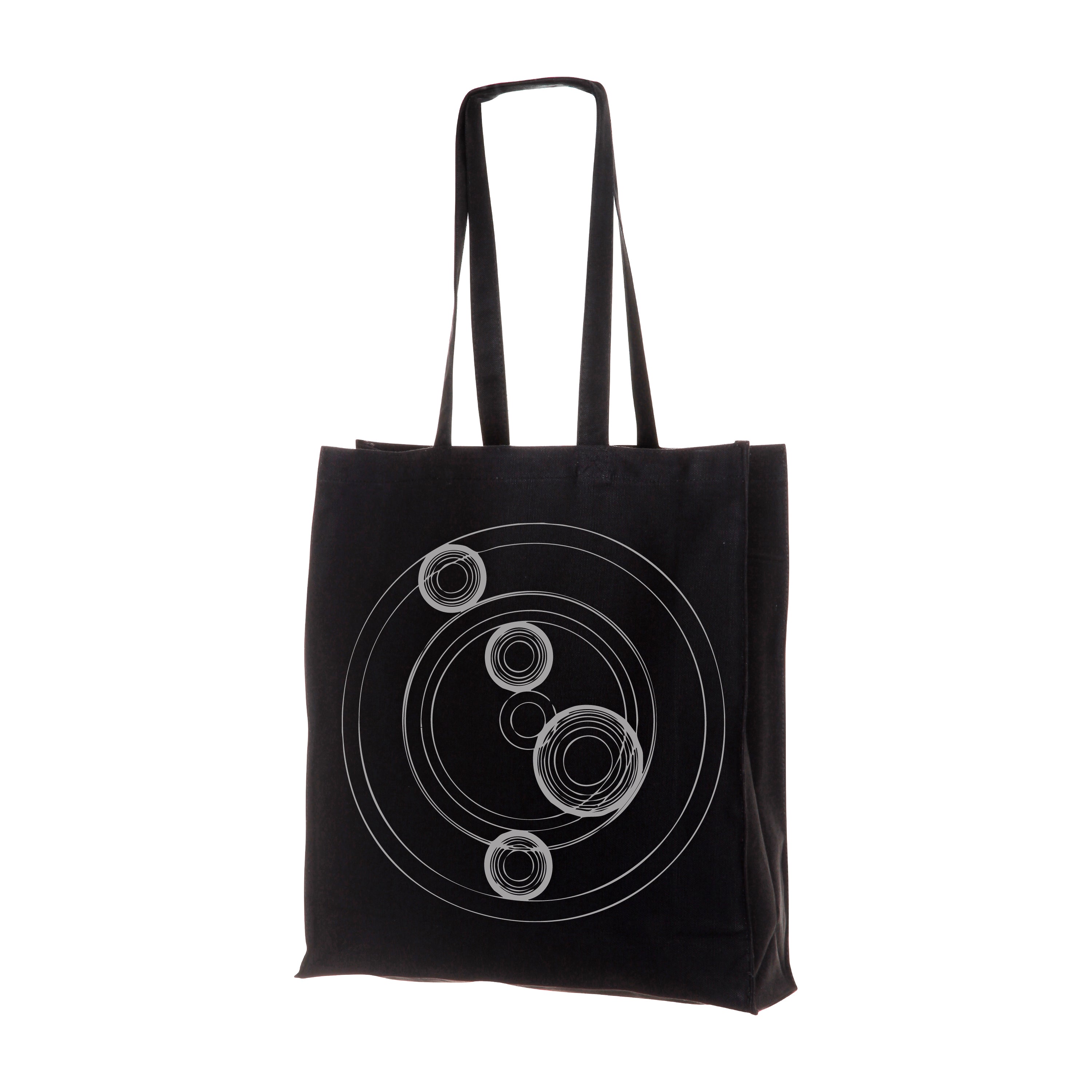Black Tote Bag showing the Cocoon Logo with circular shape on a white Background