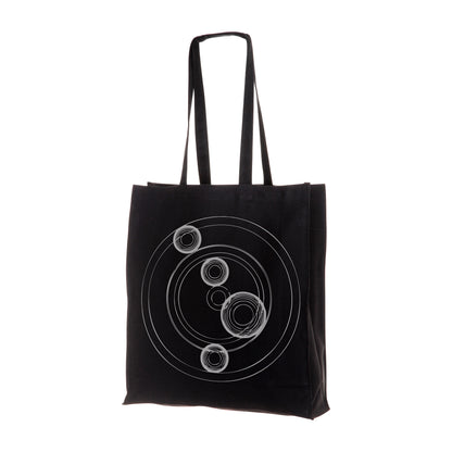 Black Tote Bag showing the Cocoon Logo with circular shape on a white Background