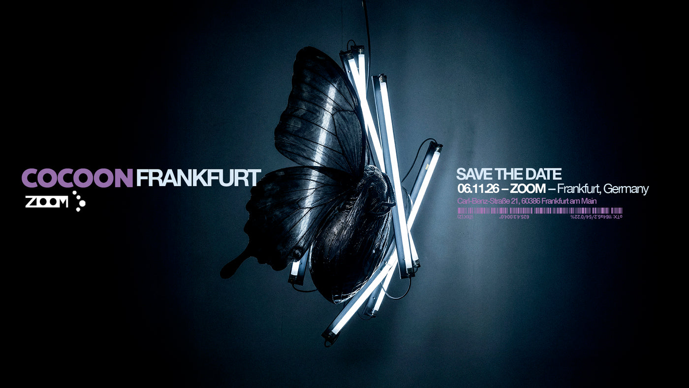Promotional graphic for Cocoon Frankfurt 2023, featuring a black butterfly suspended in front of bright neon tubes on a dark background, with event text reading 'COCOO FRANKFURT ZOOM' and 'SAVE THE DATE 06.11.